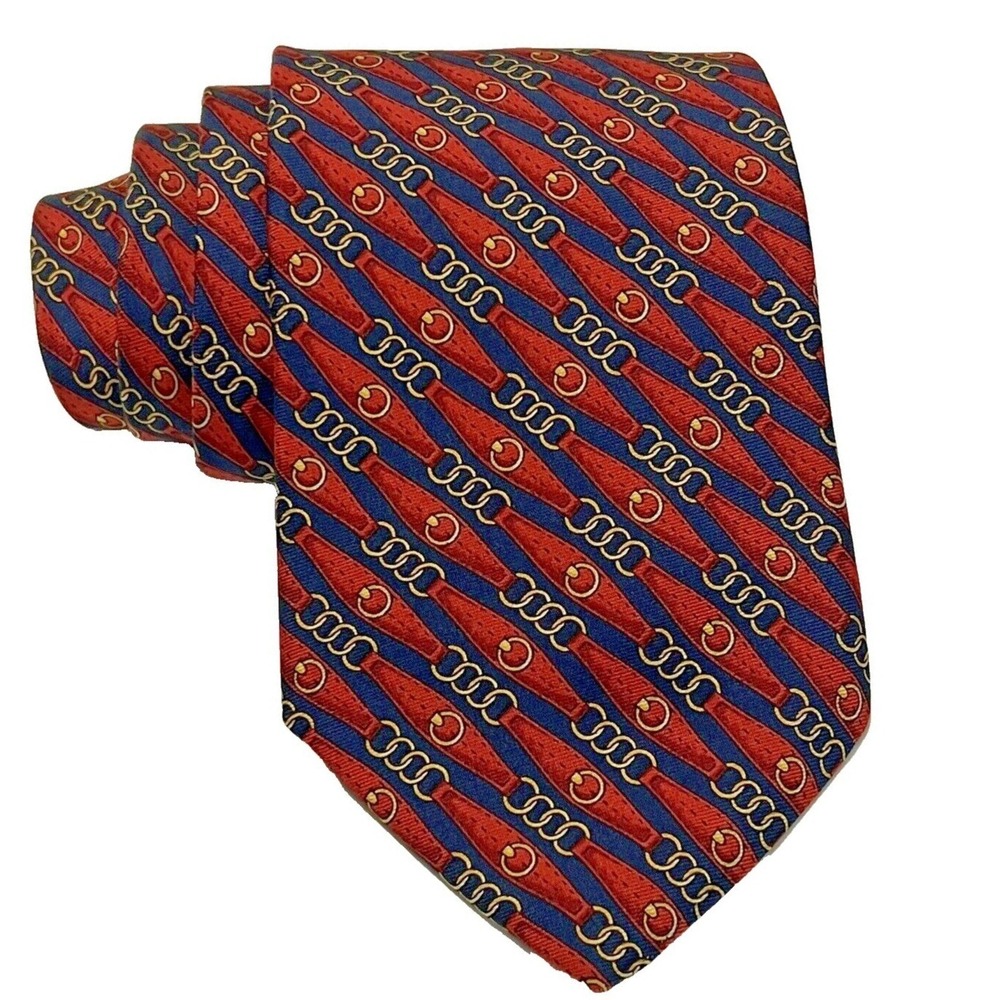 Brooks Brothers Makers Tie Mens OS Red Navy Blue Equestrian Snaffle Bit Silk USA